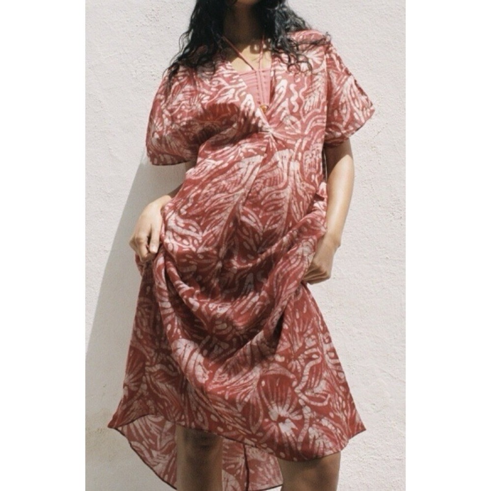 Zara Women's Ramie Tunic Dress Coverup Orange And White Sz Medium Long Maxi